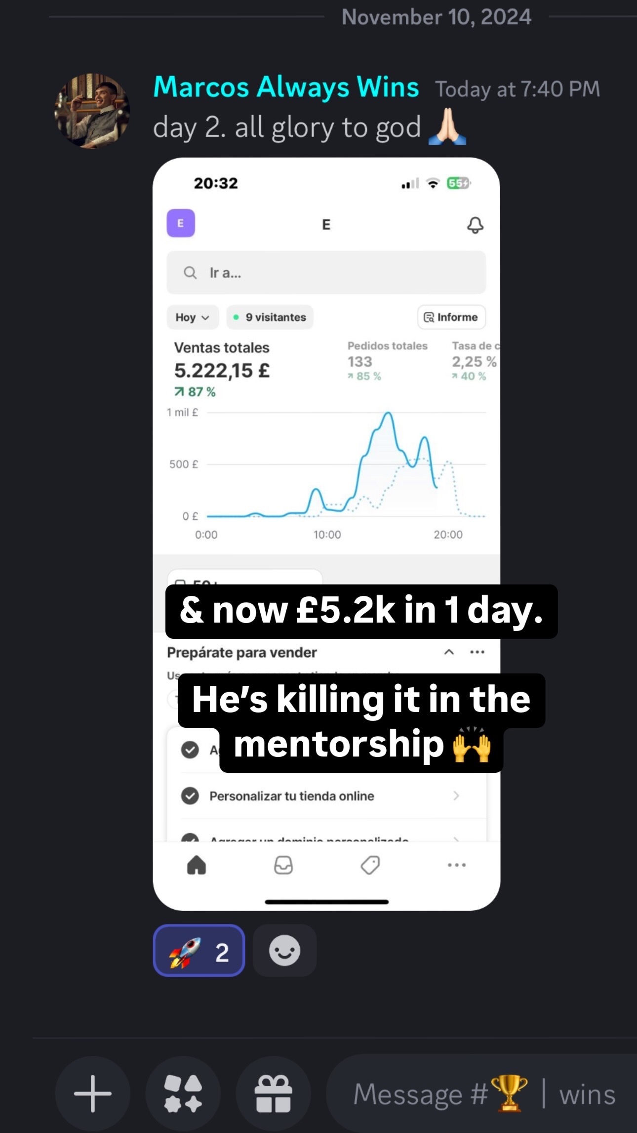 Student dashboard in Spanish showing £5,222 in one day